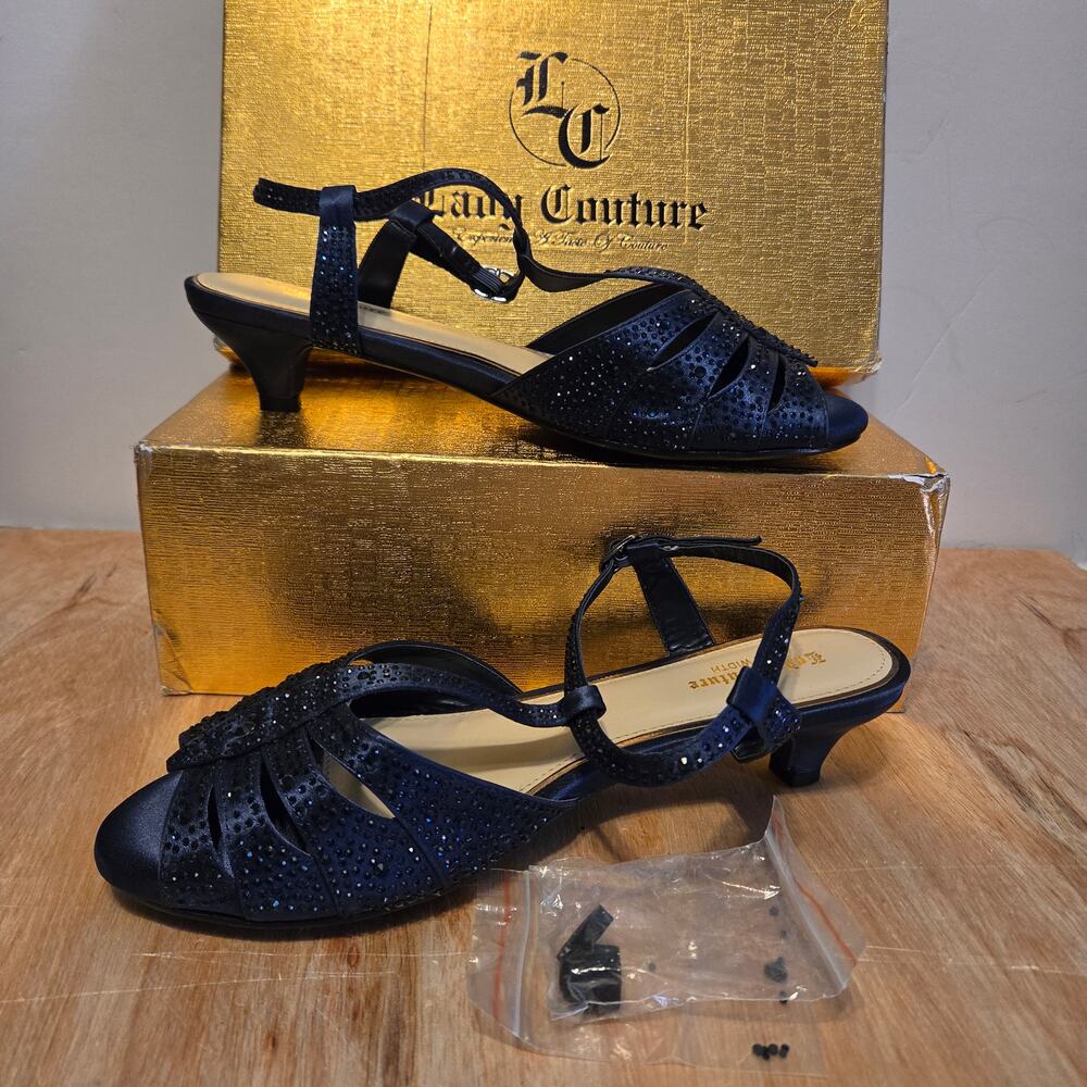 Lady Couture Betty Dressy Kitten Heel Sandals navy rhinestone embellished 9W